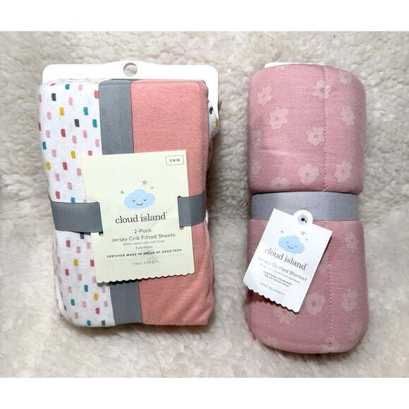 Cloud Island 2-Pack Jersey Crib Fitted Sheets & Jersey Quilted Blanket Set Pink - Picture 2 of 10